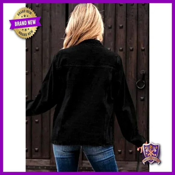 Oversized Denim Jacket Button Down Ruffled Shacket Y2K Retro Chic Casual